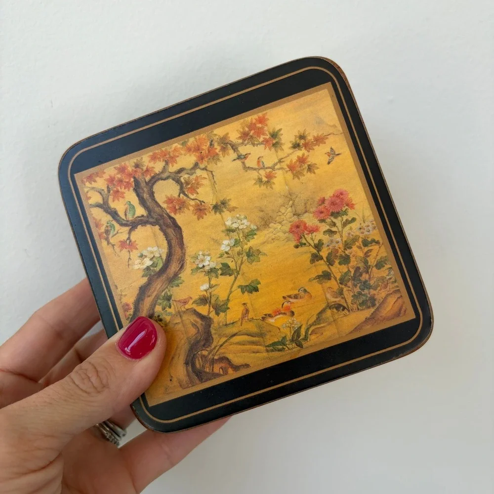 Vintage Pimpernel England Chinoiserie Cork Coasters Set of 6 Gold Bird Floral